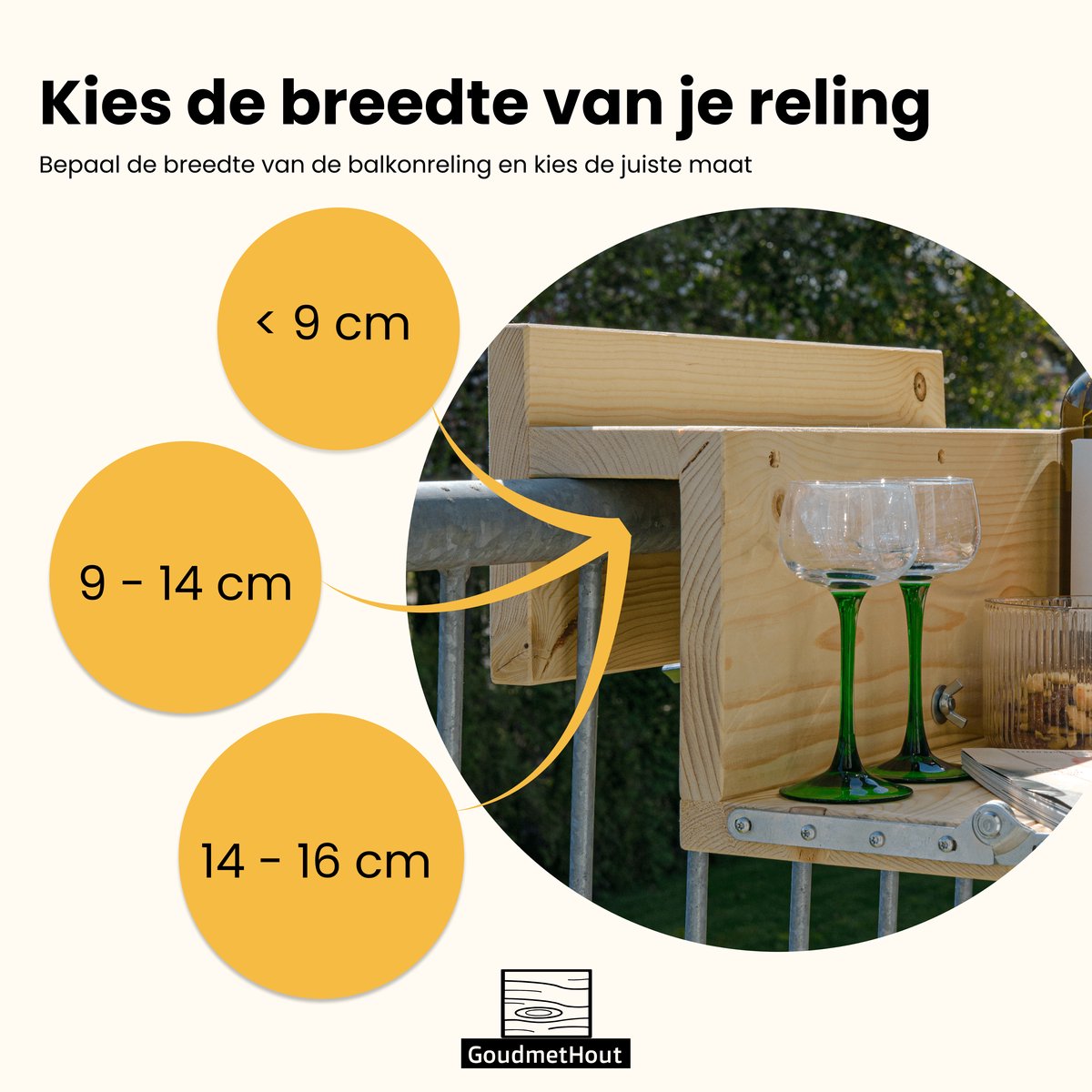 GoudmetHout® Balkontafel Hangend & Inklapbaar - 99 cm Hout - Inklapbare Balkonbar - Klap tafel Klein - Hangtafel Balkon Buiten - Relingdikte vanaf 9 t/m 14 cm - Bijzet tafeltje - Transparant Wash thumbnail 3