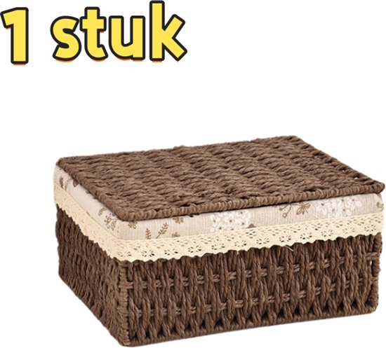 1 pièce - Boîte de rangement - Grande taille - Couvercle avec ruban - Ménager - Boîte de rangement pour jouets, collations et divers articles - Convient pour le rangement de produits en rotin, cosmétiques sur le bureau - 26*20*12 cm - Couleur café
