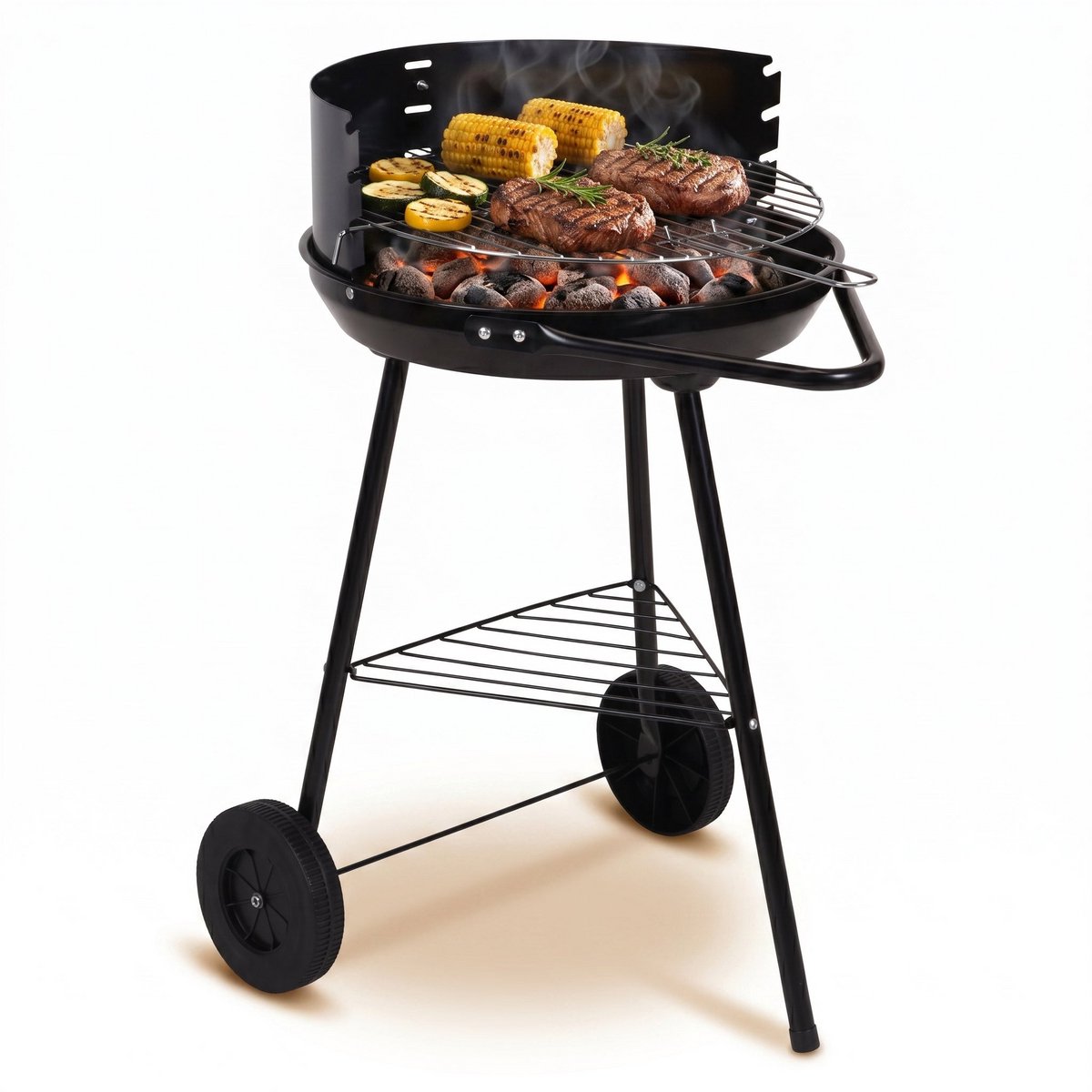 Cheqo® Houtskoolbarbecue - Houtskool Barbecue - BBQ - Houtskool BBQ - Barbecue op Wielen - Verrijdbare Barbecue - Ronde Barbecue - Half Open Barbecue - Tuinbarbecue - Barbecue met Windscherm - Staande Barbecue - Kolenbarbecue - Houtskool Grill