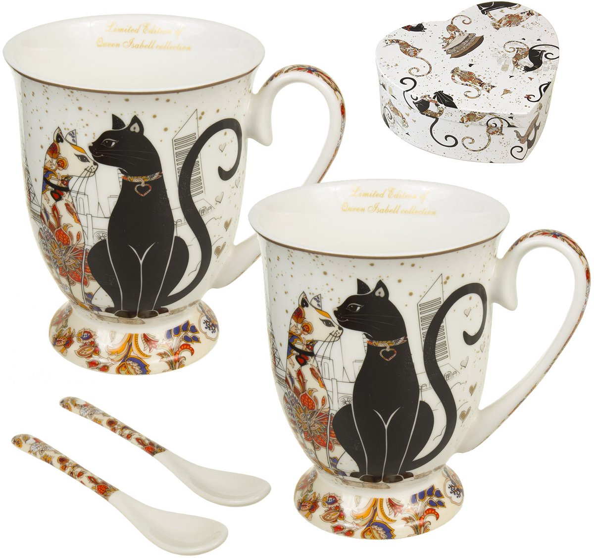 Queen Isabell - Koffiemokken set met lepelgrot patroon, set van 2x300ml - Kat patroon