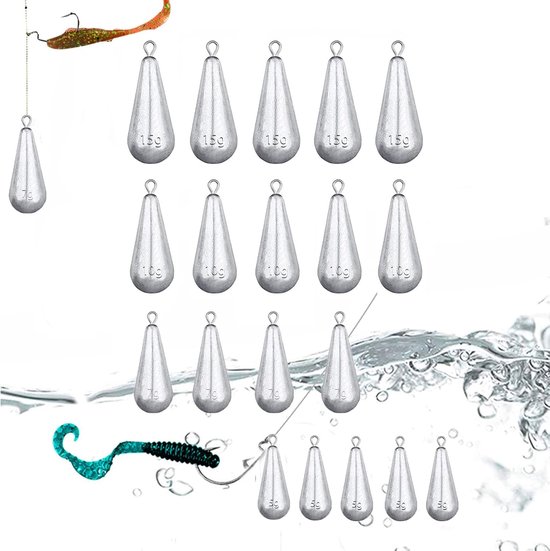 20x Visloodjes - Lood Vissen - Vislood - viszinker - Zinkers Traan - Zinker - Visgewichten - Looplood vissen - hengellood - Torpedo-lood - Waterdrop Visgewichten - Vis spullen - Herbruikbare - Voor Zoutwater Zoetwater 5g/7g/10g/15g - Hengelsport