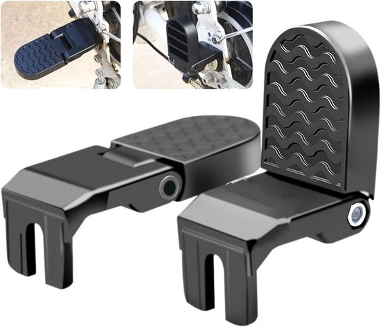 Zwarte, inklapbare fietsvoetsteunen met golvend profiel, gemonteerd op een fiets.