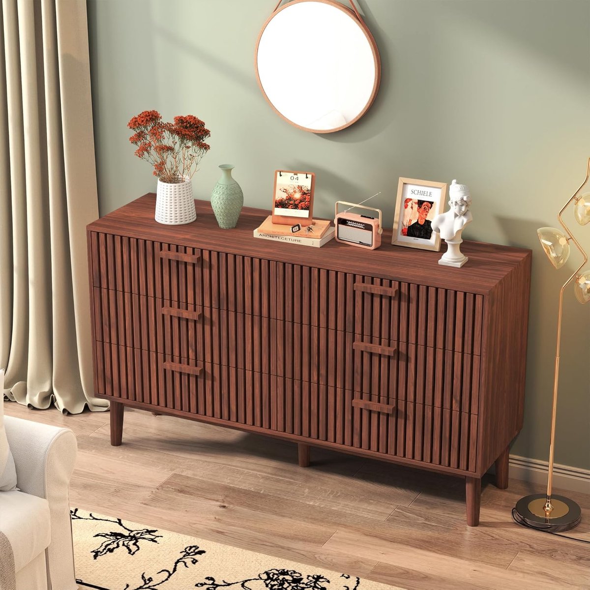 Luxe 6-Ladige Houten Ladekast / Commode voor Slaapkamer en Woonkamer 100x34x73 cm – Ruime Opbergkast met Anti-Kantel Beveiliging, Art Deco Design Meubel