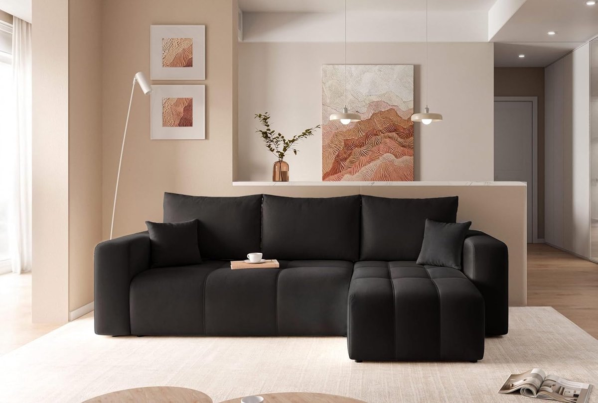 Hoekbank met slaapfunctie 248 x 145 cm - 3-zits Slaapbank met Bedlade, Opbergruimte, Omkeerbare Chaise Longue, Uitschuifbaar Logeerbed 200 x 125 cm - zwart- Vermissen