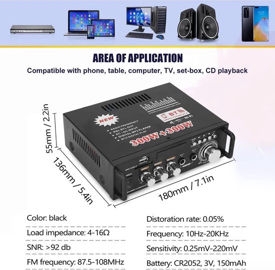 Audio Versterker - Stereo Versterker - Amplifier - Versterkers - USB - Zwart