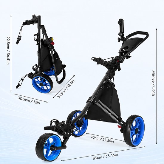 Sello! golftrolley - golftas - golfkar - opvouwbaar - stevig frame - stevige wielen - multifunctionele opbergvakken - zwart - blauw van Merkloos — afbeelding 4