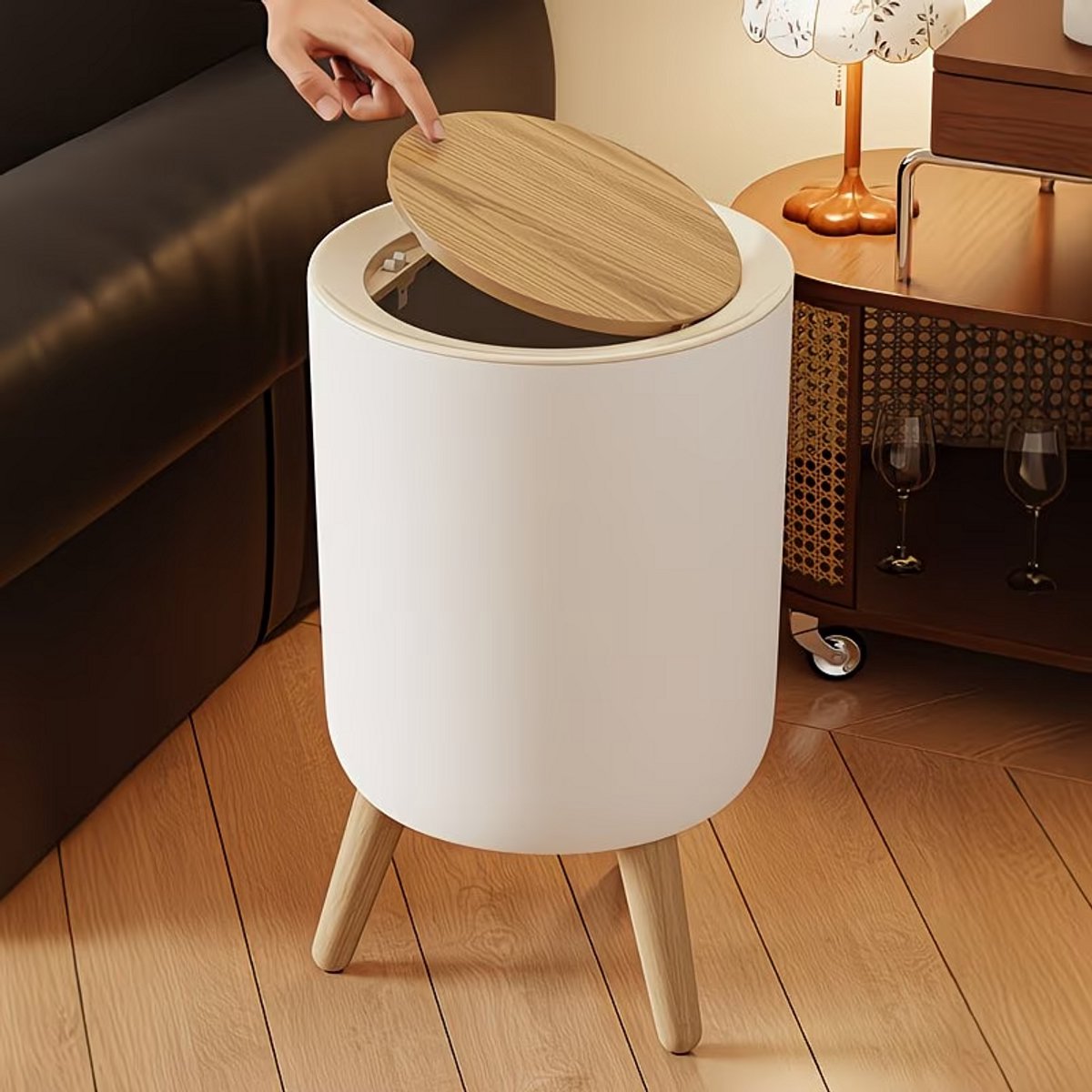 Elegante Grote Afvalbak met Hoog Voet en Geurafdichting, Beige, 35,5 x 21 cm
