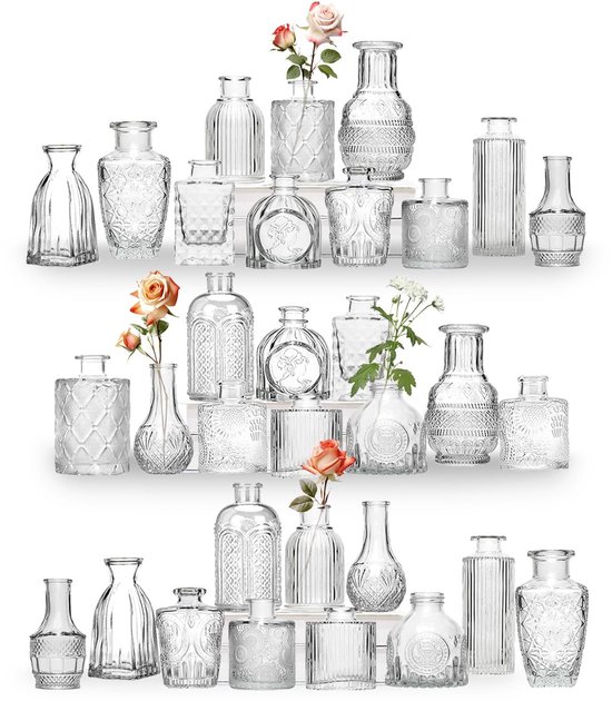 32 Mini Knoppenvaas Glas Set - Heldere Vintage Vazen voor Bloemen - als Tafeldecoratie voor Bruiloften, Verjaardagsfeestjes en Babyborrels - Transparant