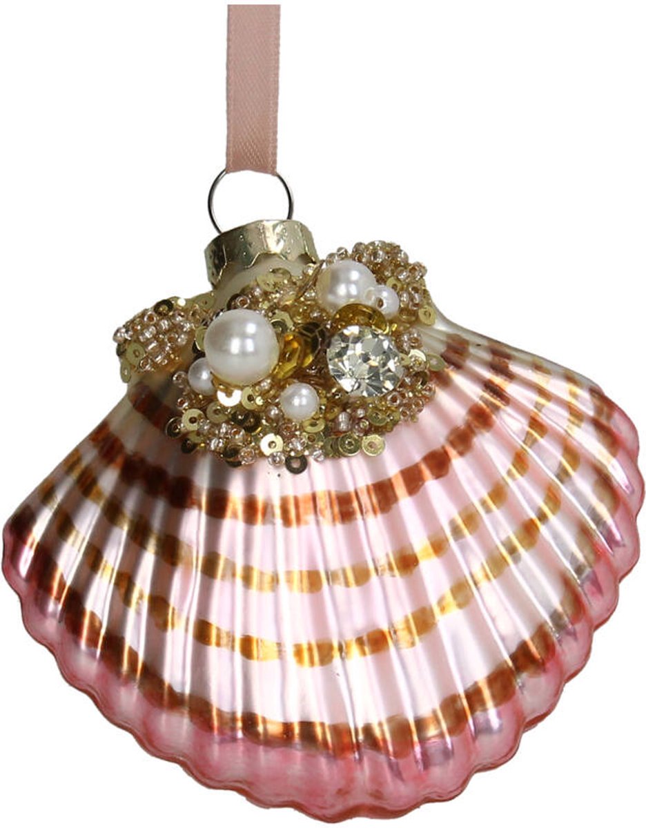 HD Collection Kerst Ornament Schelp Glas 7,6 cm – Luxe Kersthanger Zee Schelp – Champagnekleurige Kerstboom Decoratie
