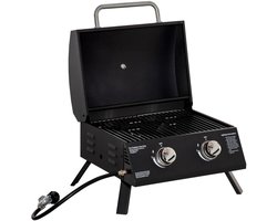 Gasbarbecue - Tafelmodel Gasbarbecue en Gasgrill - 2 Branders - Grillwagen - 5,6 kW - met Grillrooster, Drukregelaar, Slang, Thermometer - 55 x 46,5 x 41 cm - Zwart