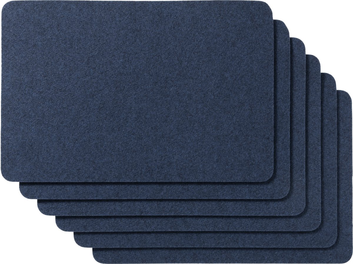 6 Vilten Placemats Rechthoek + 6 Onderzetters Donkerblauw 45x33cm