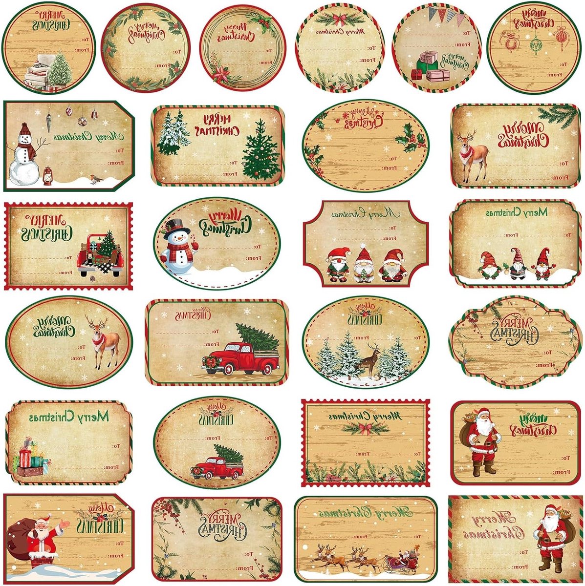 Zelfklevende Kerst Naamlabels - 6 Vellen Stickers met Kerstman, Sneeuwpop en Herten voor Cadeaus, Feestdagen en Verjaardagen