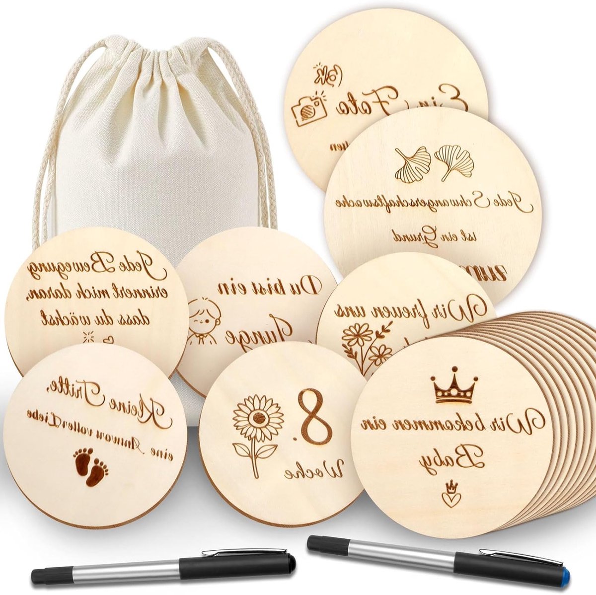 40 zwangerschaps mijlpaalkaarten, dubbelzijdig gedrukt, ronde houten schijven van 10 cm, inclusief stoffen tas en 2 pennen, perfect cadeau voor aanstaande moeders en babyshower