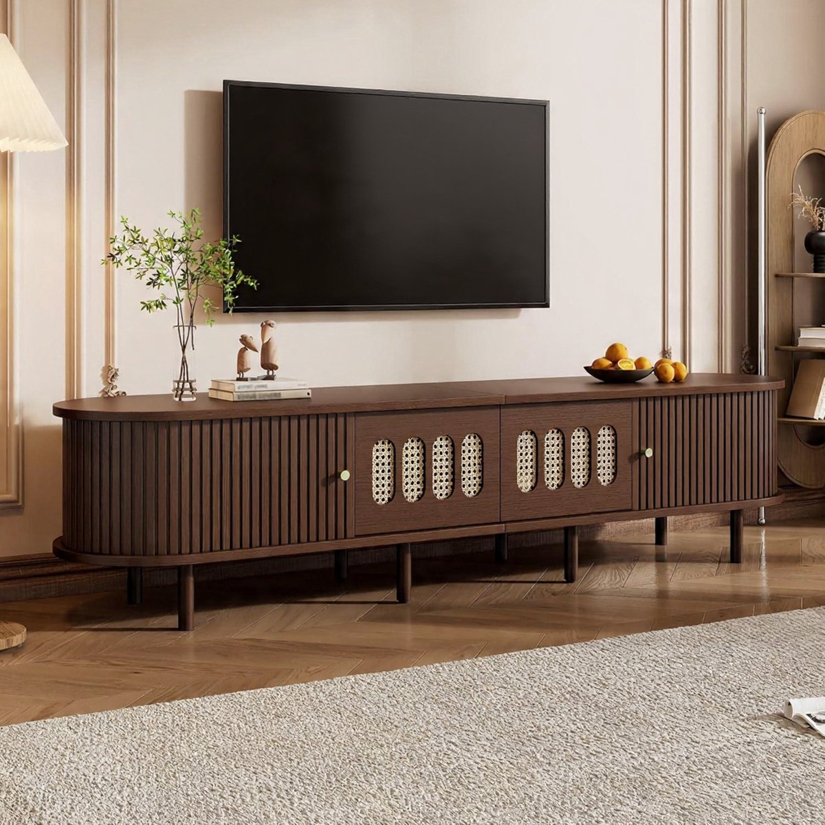 TV-meubel 180 x 40 x 40 cm walnoot rotan – Houten tv-kast met schuifdeuren en laden voor 80 inch tv – Modern retro lowboard met opbergruimte voor woonkamer en slaapkamer – Dader