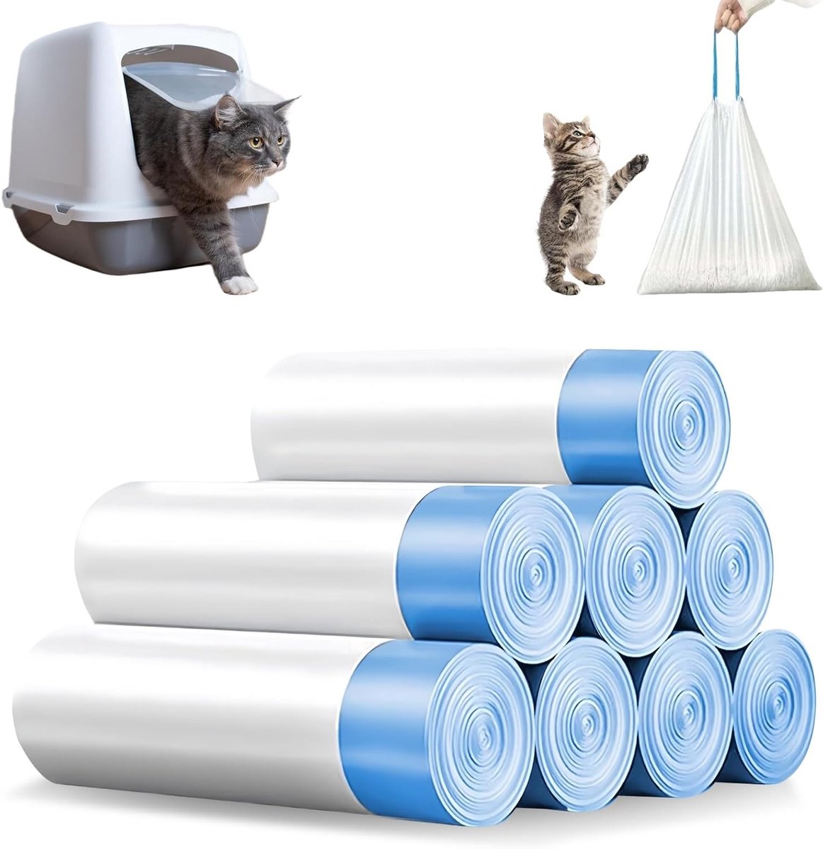 Huisdiervriendelijke Afvalzakken voor Katten: 160 Stuks, 8 Rollen, 45 x 50 cm, Met Treksluiting, Ideaal voor Kattenbakken en Gemakkelijk in Gebruik