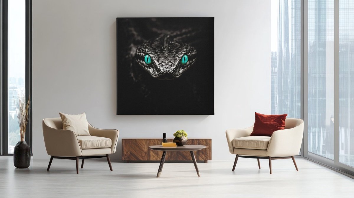 Trendex Global Vierkant Canvas Schilderij Slang met Groene Ogen - Donkere Kunst - Moderne Luxe Wanddecoratie - 100 x 100 cm Zwart