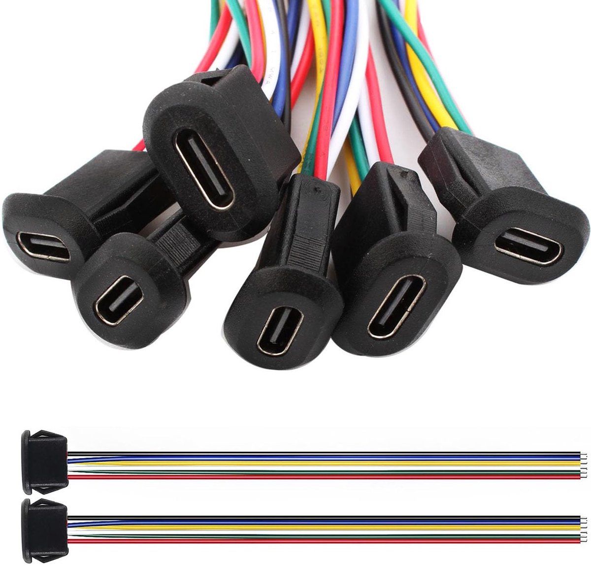 6 Pcs USB C Bus 5V 3A 6 Pin met Snap Nut, 6-Draad USB C Solder-In-Bus met PD Functie, 150mm 24 AWG Draden, Zwart voor Snelle Oplading en Gegevensoverdracht