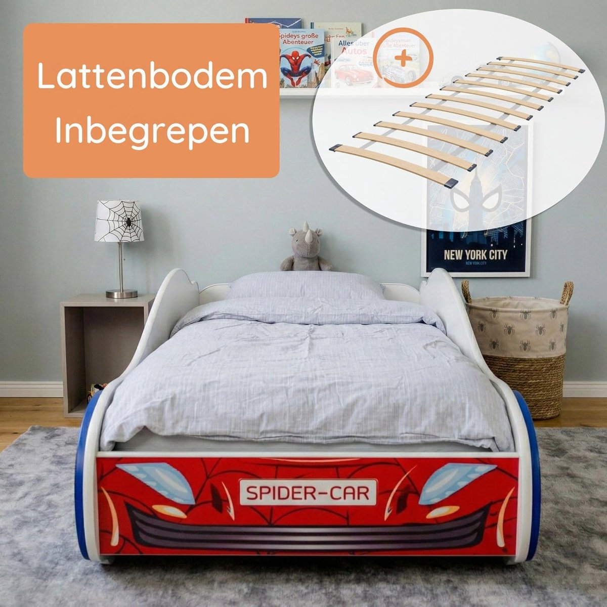 Autobed Kinderbed 70x140 cm Racer met Uitvalbescherming en Lattenbodem – Speelbed Jongens & Meisjes – Spider Car Design – Laura