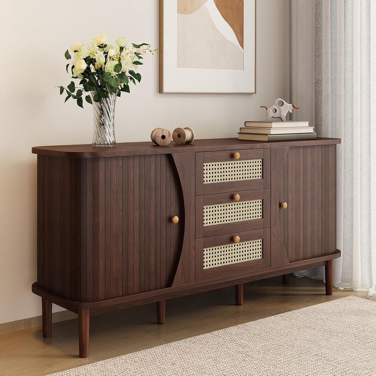Luxe Rattan Dressoir met Schuifdeuren en Verstelbare Planken – Modern Sideboard Kast met Gebogen Blad en Opbergvakken 140,5x76x40 cm Donker Hout