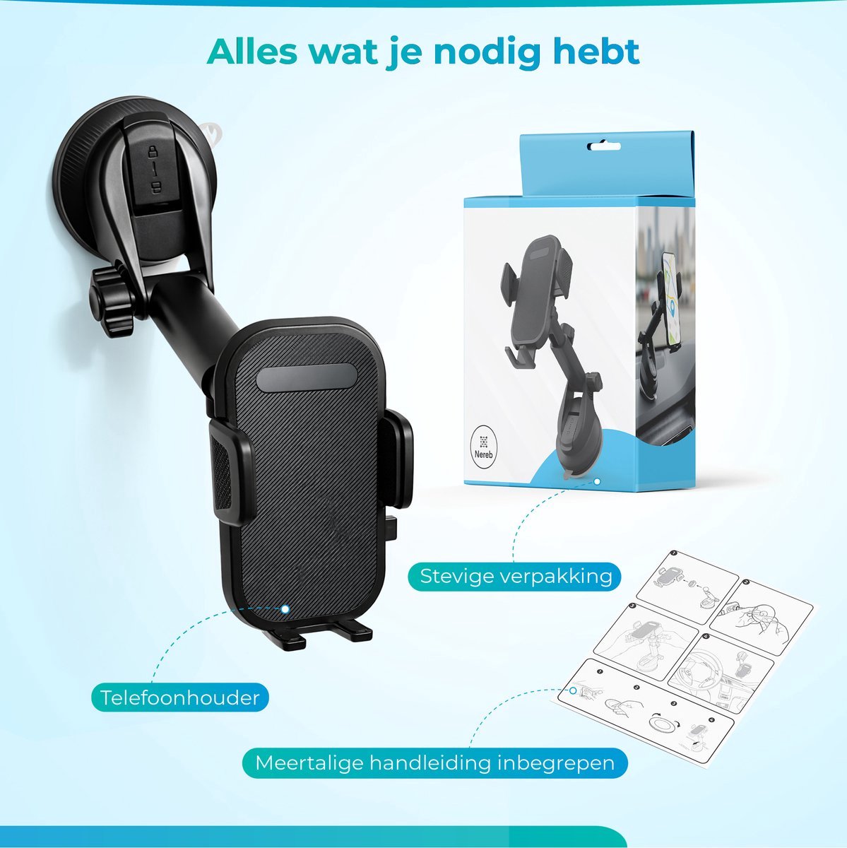 Nereb Autohouder Telefoon met Extra Sterke Zuignap – Universele GSM Houder Auto voor Raam & Dashboard – Trillingsvrij – Verstelbaar – Geschikt voor Alle Smartphones – Telefoonhouder auto accessoire – foto 2