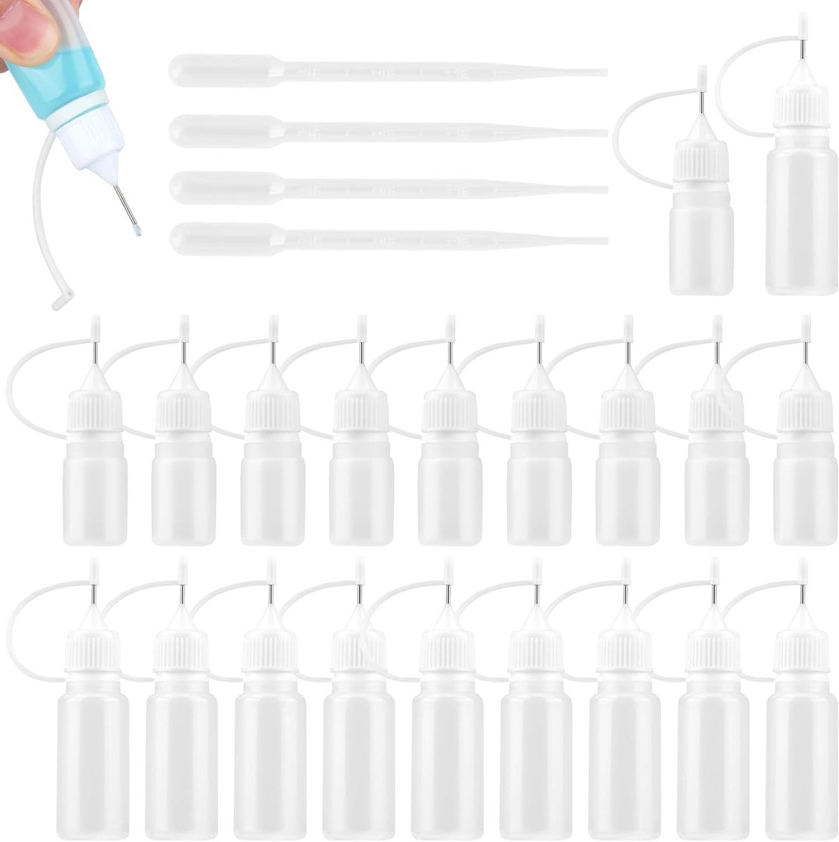 Set van 20 Naaldflessen 5ml/10ml - Lege Squeeze Flessen met Naaldtip voor Lijm, Olie en Pigmenten, Inclusief 4 Pipetten voor Nauwkeurige Toepassing