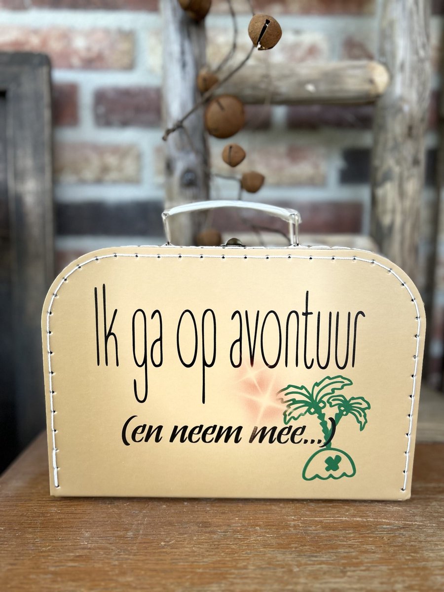 Creaties van hier - koffertje met wit handvat – Avontuur - 25,5x18x 8,3 CM- Maat S - slijtvast – Koffertje
