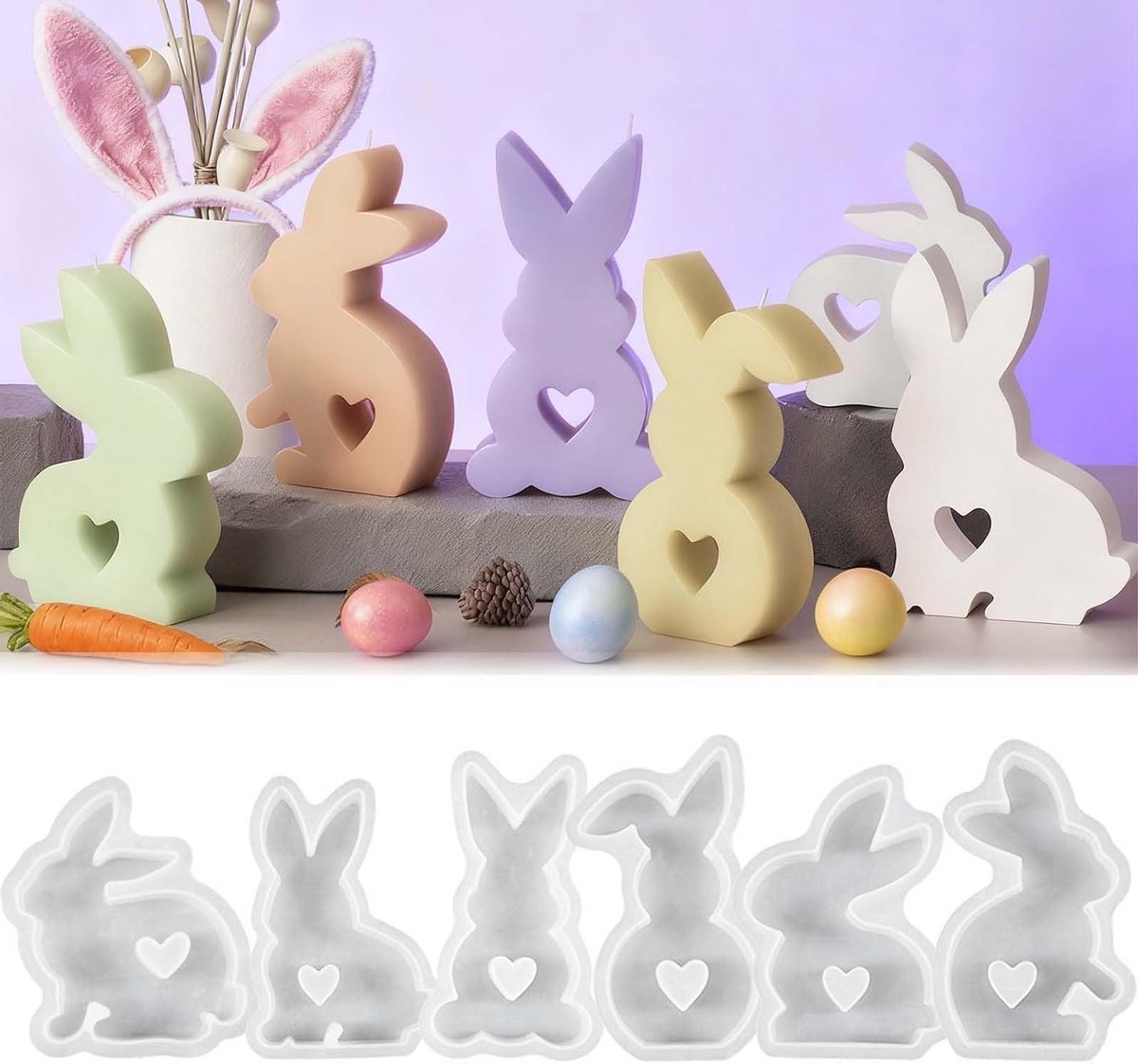 Easter Silicone Moulds Set van 6 Stuks, Konijnvormige Mallen voor Gips, Kaarsen en Chocolade Maken