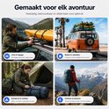 Collage van mannen die spanbanden gebruiken voor auto & bagage, kamperen & outdoor. Mannen zetten bagage vast op een auto.