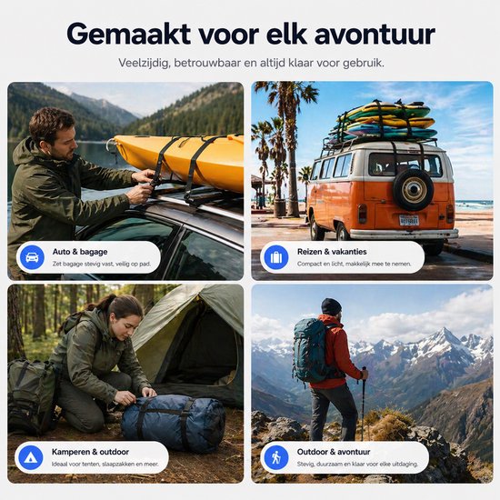 Collage van mannen die spanbanden gebruiken voor auto & bagage, kamperen & outdoor. Mannen zetten bagage vast op een auto.