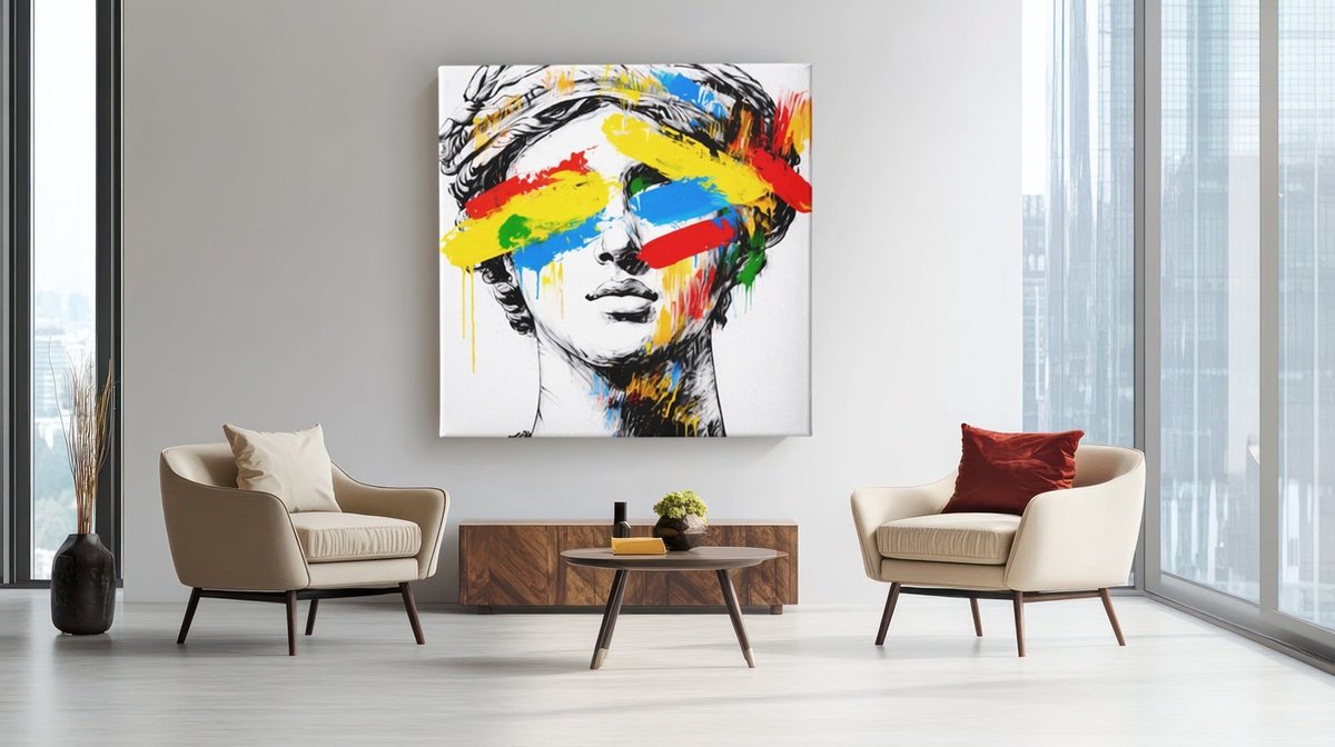 Trendex Global Vierkant Canvas Schilderij Artistiek Portret - Kleurrijke Abstracte Kunst - Luxe Interieur Decoratie - 100 x 100 cm