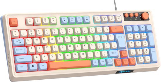 Mechanisch Gaming Toetsenbord QWERTY – 98% Compact Layout – RGB Verlichting – Bedraad USB – Anti-Ghosting – White Blue Orange