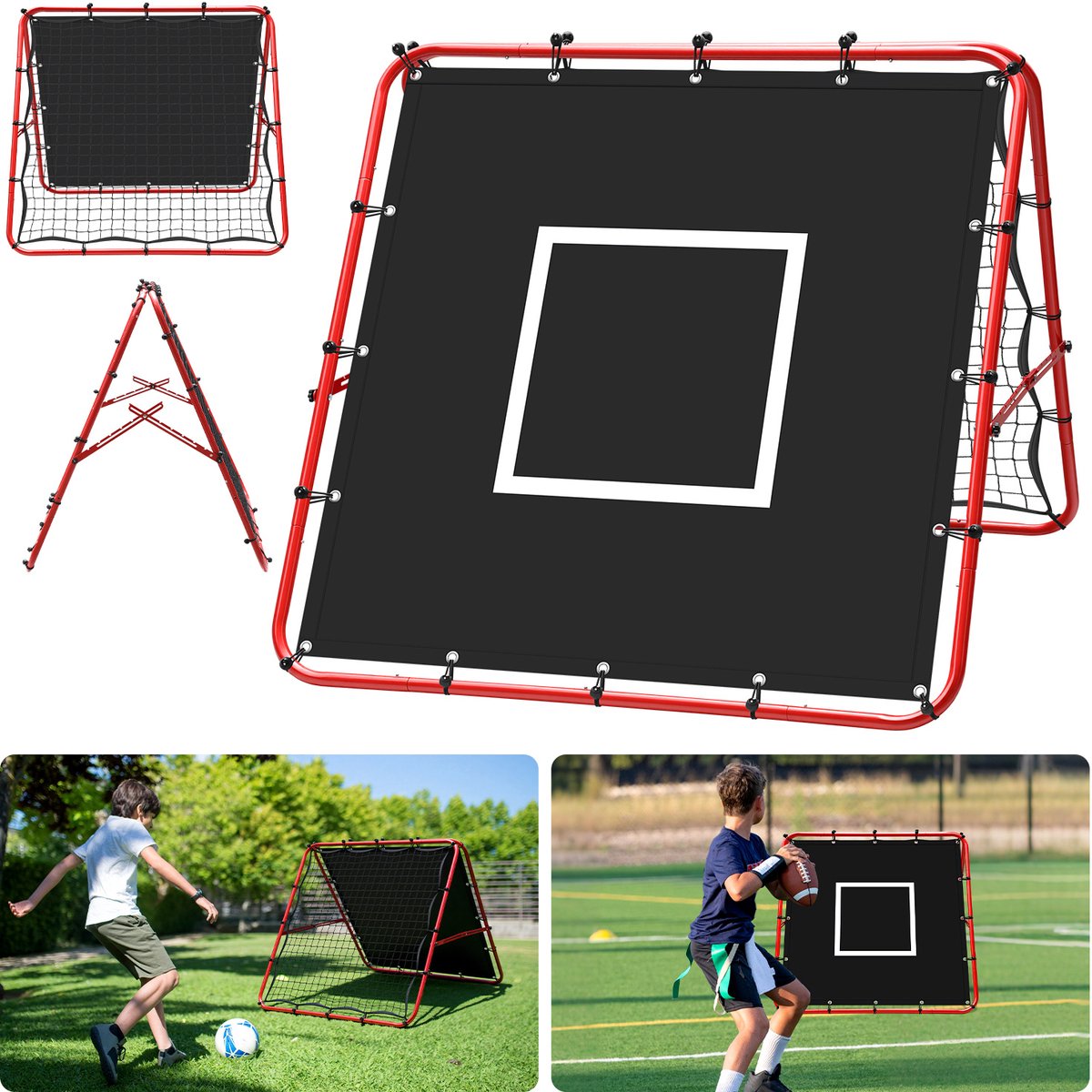 Voetbal terugkaatsnet dubbelzijdig 120 x 120 cm met 420D doeldoek, verstelbaar en geschikt voor beginners en gevorderden