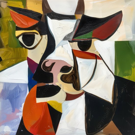 K&C Art (Aluminium schilderij) 60x60cm | Koe in Picasso stijl - dier - abstract - portret - kleurrijk - modern - kunst | Woonkamer - slaapkamer - hal - kantoor | Foto schilderij print op dibond - wanddecoratie - muurdecoratie - wall art