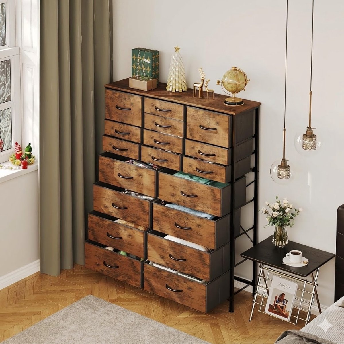 Ladekast 96 x 30 x 143 cm met 18 laden opbergkast met stalen frame en stoffen lades slaapkamer hal organizer vintage bruin Vermissen