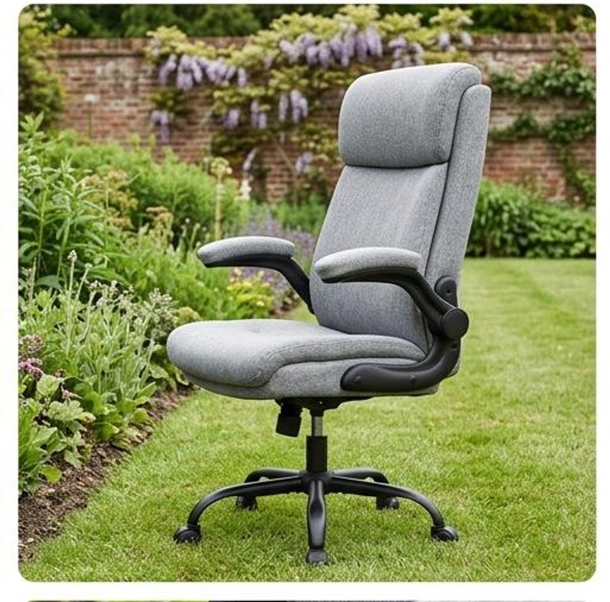 Bureaustoel Ergonomisch met Hoge Rugleuning en Opklapbare Armleuningen 150 kg – Verstelbare Kantoorstoel met Wipfunctie en Stoffen Bekleding – Grijs – Vermissen