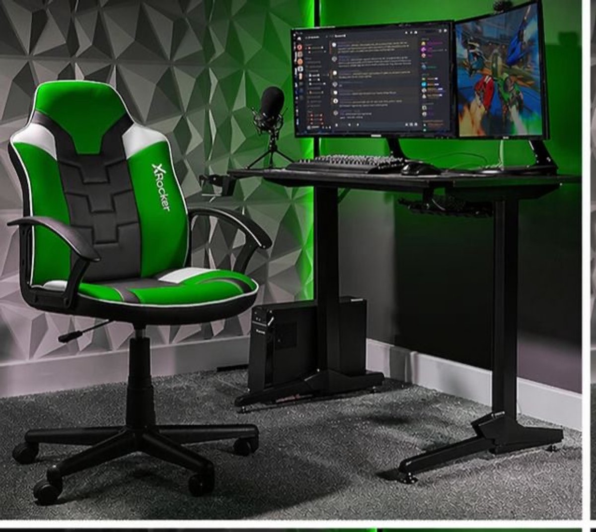 Gaming stoel ergonomisch bureaustoel verstelbaar 61 x 58,5 x 109 cm kunstleer met armleuningen en lendensteun zwart grijs groen – Vermissen