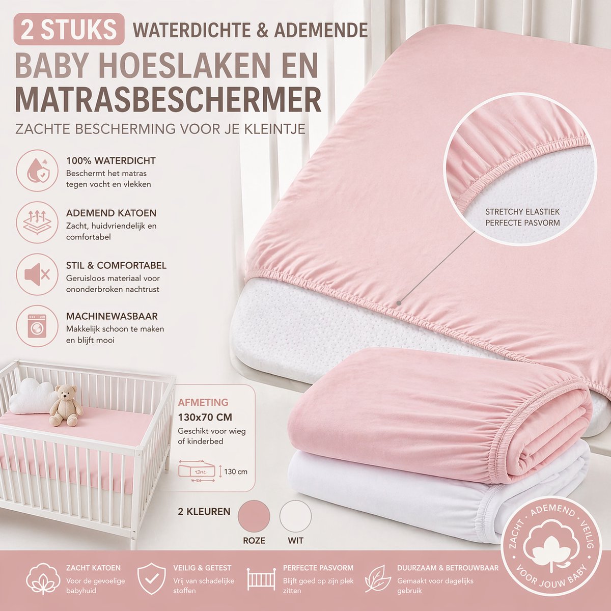 2 Stuks Baby Hoeslaken + Matrasbeschermer 130x70 cm – Waterdicht & Ademend – Zacht Katoen – Voor Wieg / Kinderbed – Roze en Wit