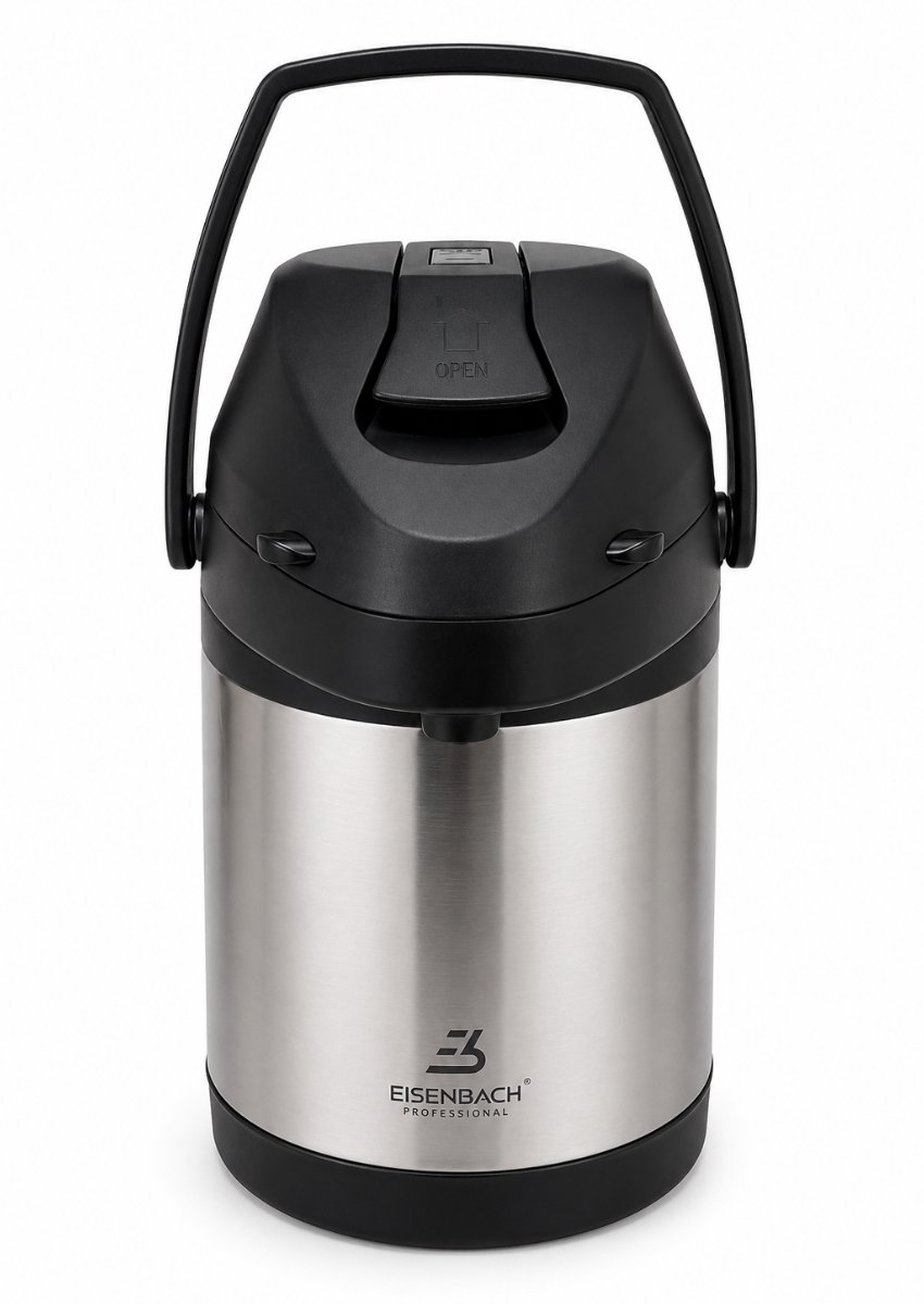 Thermoskan 2.5 Liter RVS met Pomp en Draaibare Basis – Airpot Koffiekan – Warmhoudkan – Isolatiekan – Dubbelwandig – Horeca Dispenser – Koffie en Thee – 360° Draaibaar – Lekvrij – Grote Inhoud – Voor Thuis en Kantoor – Zilver Zwart Design