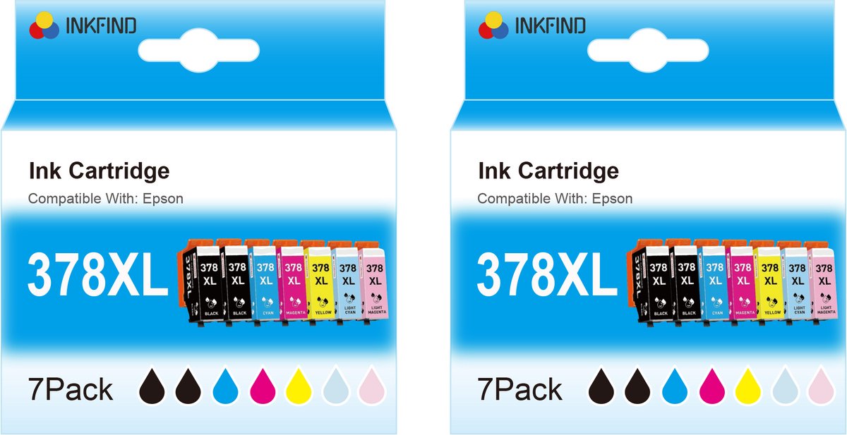 INKFIND 378XL inktcartridge voor Epson 378XL Epson378 Epson378XL inktcartridge multipack 14 stuks (2*7pack=Zwart x 4, Cyaan x 2, Magenta x 2, Geel x 2, Licht Cyaan x 2, Licht Magenta x 2) voor Epson Expression Photo XP-8500/8505/15000/8600/8605/8700