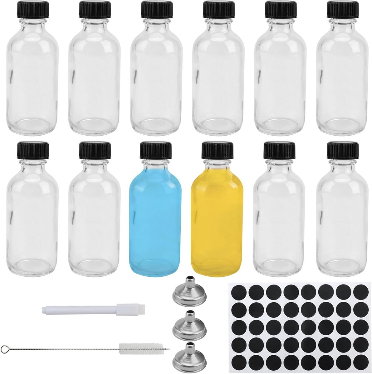 Set van 12 mini glazen flessen van 60ml met deksels, trechters, stickers en borstel - Ideaal voor water, sap, whiskey en etherische olie