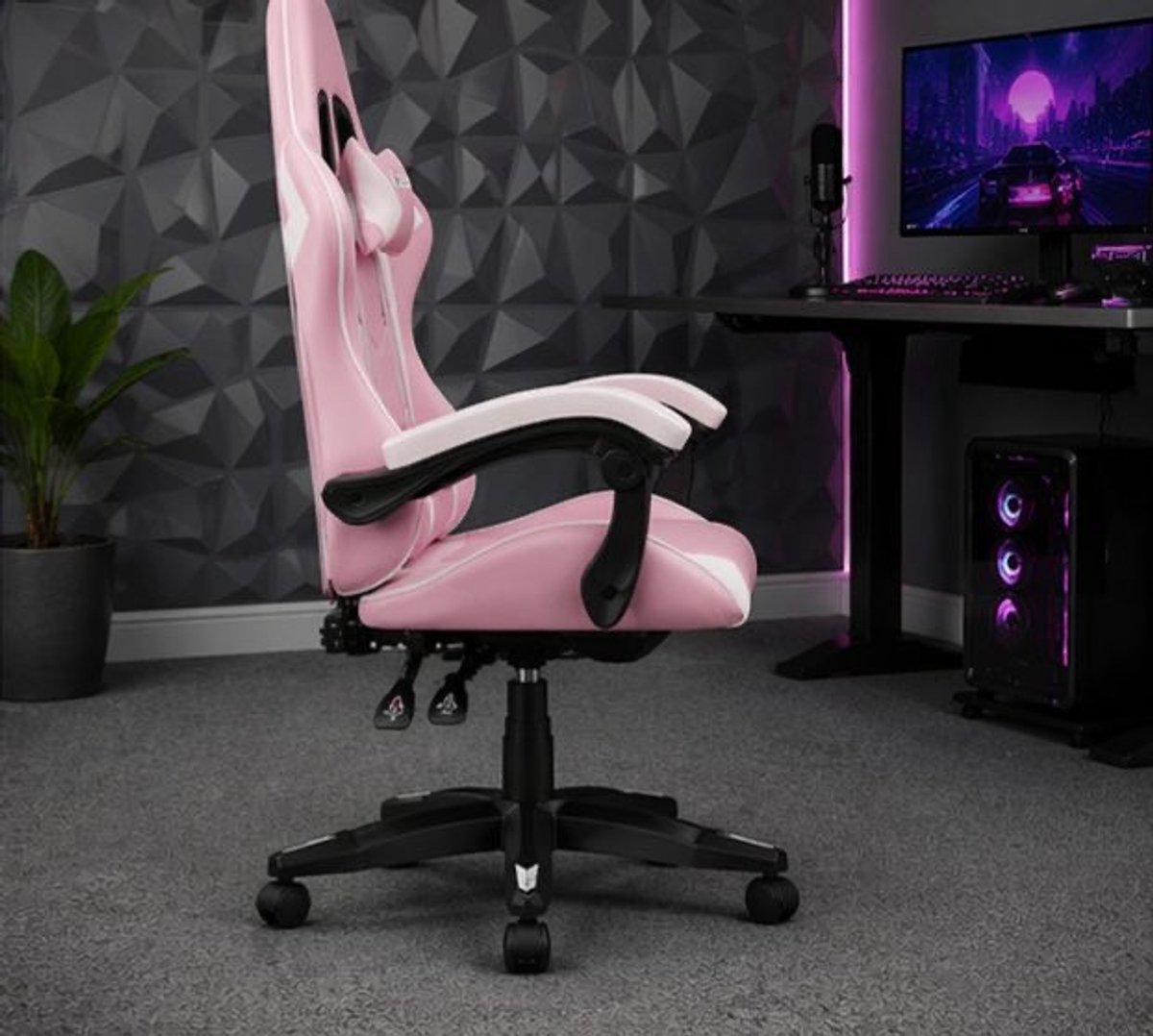 Gaming stoel ergonomisch bureaustoel compact met hoofdsteun en lendenkussen 77 x 25 x 59 cm ademend roze wit – Vermissen
