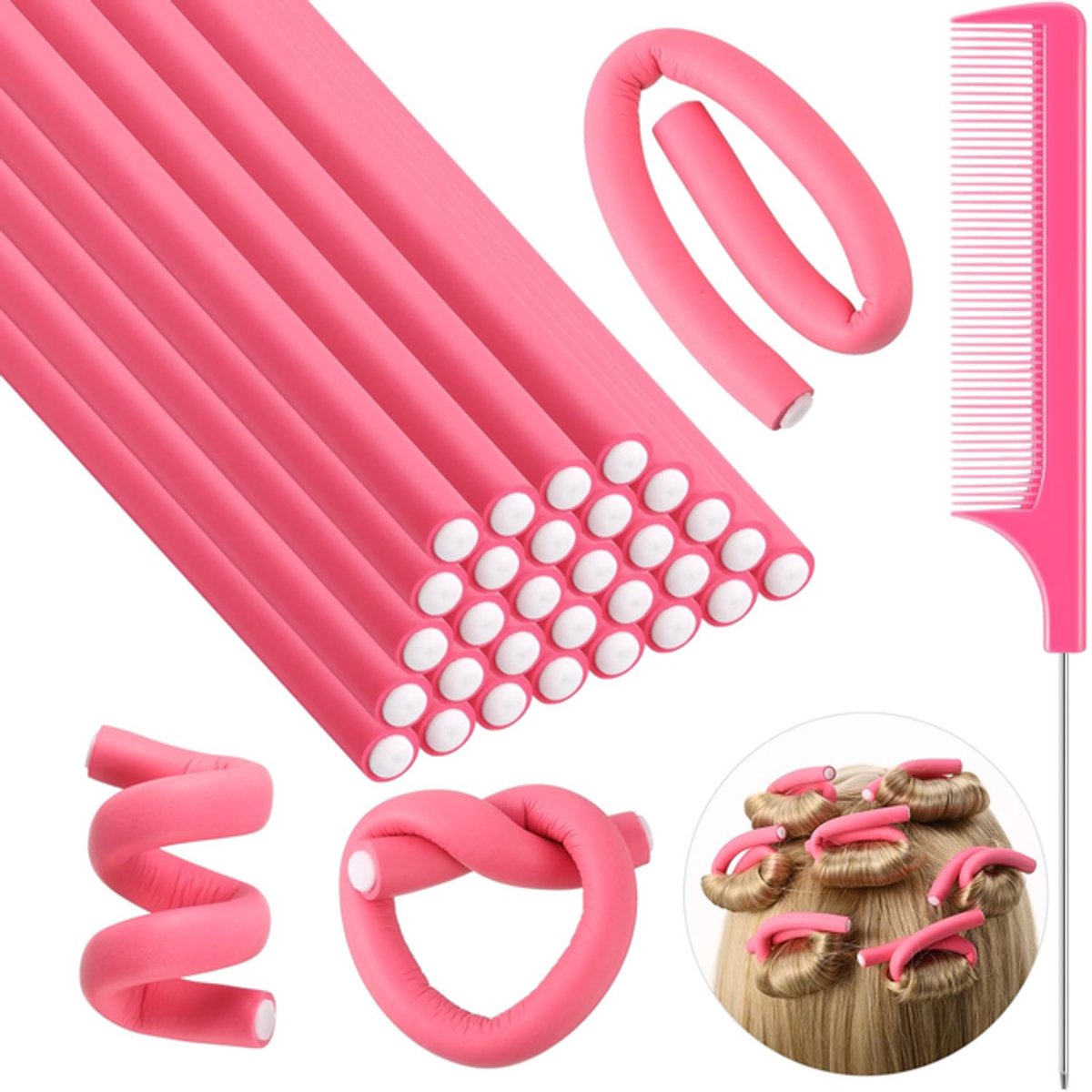 30-delige set – Krulstaven – haarrollers - heatless curls - Krullers zonder hitte – Flexibele schuimkrullers – Twist-krulspelden – Inclusief puntkam – Geschikt voor lang en kort haar – Haarstylingtools voor dames – Roze