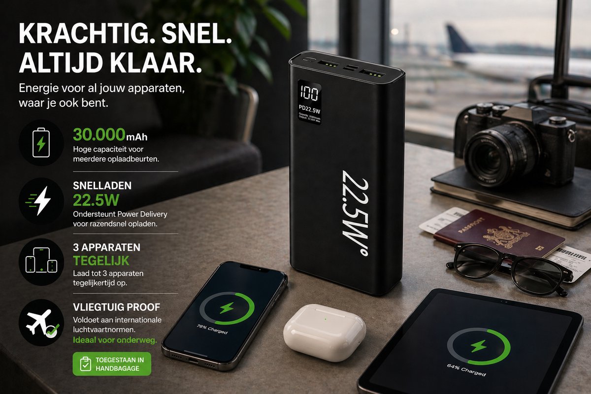 Evy24 Powerbank 30.000mAh - Snellader 22.5W - USB-C & USB-A 4 Poorten - iPhone & Android - Draadloos & Snelle Oplader - Compact & Draagbaar - Externe Batterij voor Smartphone, Tablet, Oordopjes - Zwart – foto 3