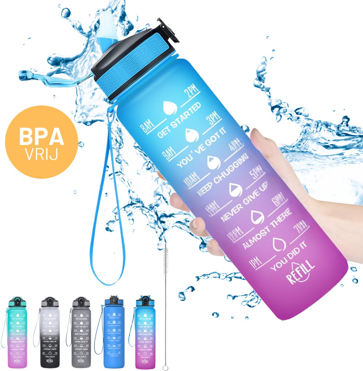 CoolFule Waterfles met Rietje - 1 Liter - Blauw-Paars - Lekvrij - BPA Vrij - Drinkfles voor Volwassenen en Kinderen