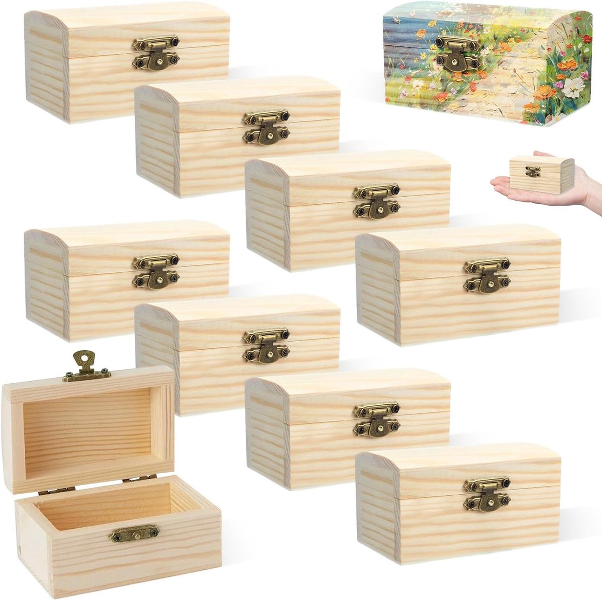 Houten Doos met Deksel en Sluiting, Rectangulaire Schatkist voor Opslag, DIY Projecten en Cadeaus, Perfect voor Feesten en Decoratie (9 x 5.5 x 5 cm)