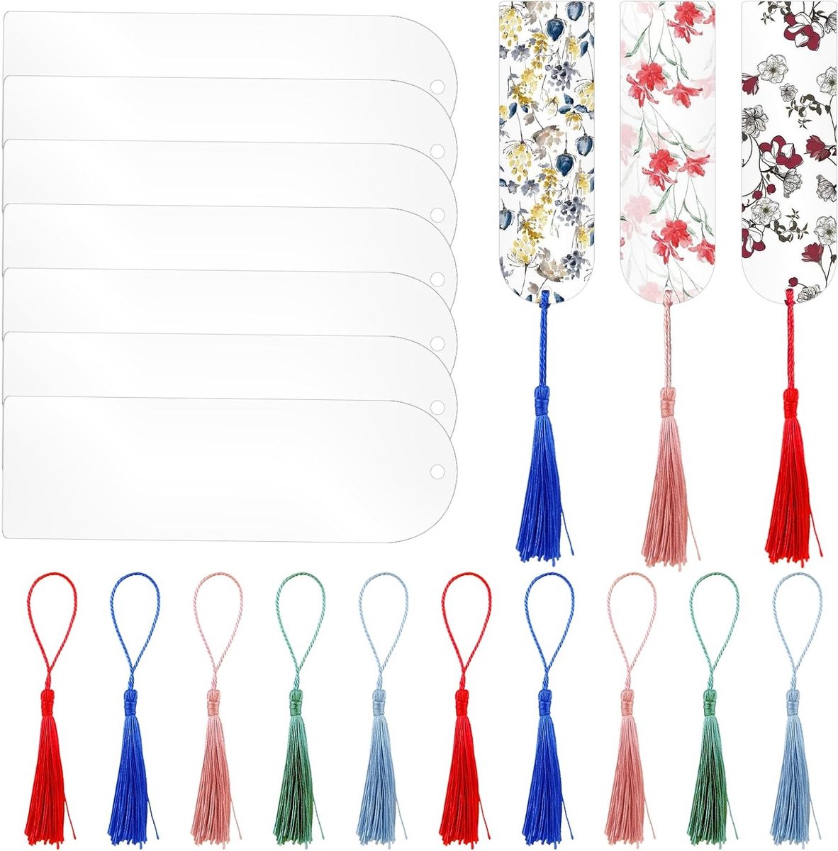 Set van 10 heldere acryl boekenleggers, 5 x 15 cm, met 10 kleurrijke franjes voor DIY projecten, boeken en notitieboeken, creatieve accessoires