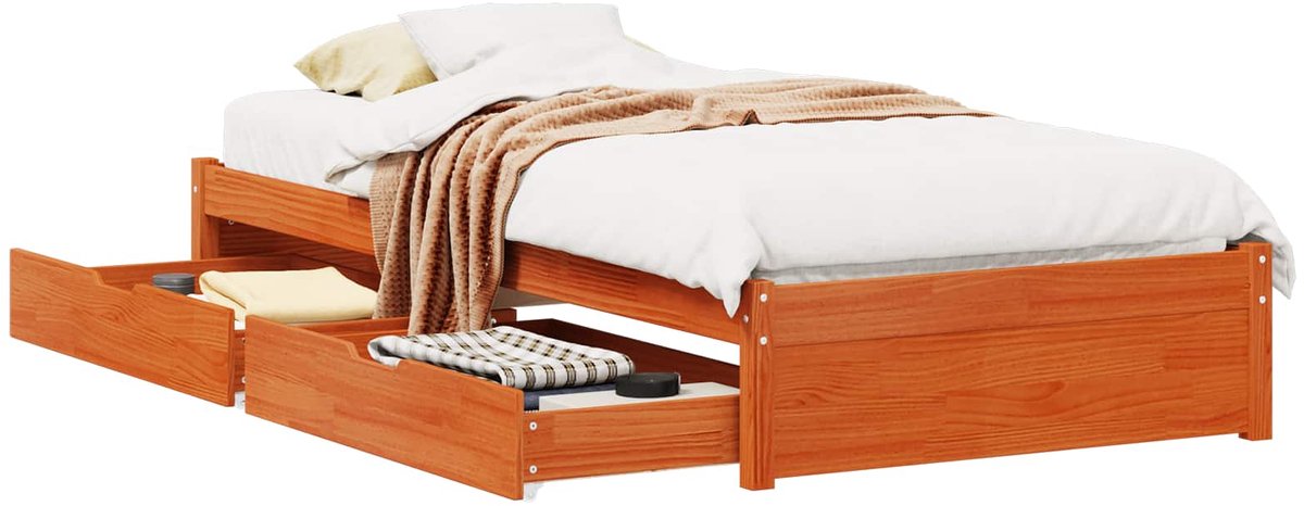 vidaXL - Bedframe - met - lade - met - opslag - Wasbruin - Massief - vurenhout