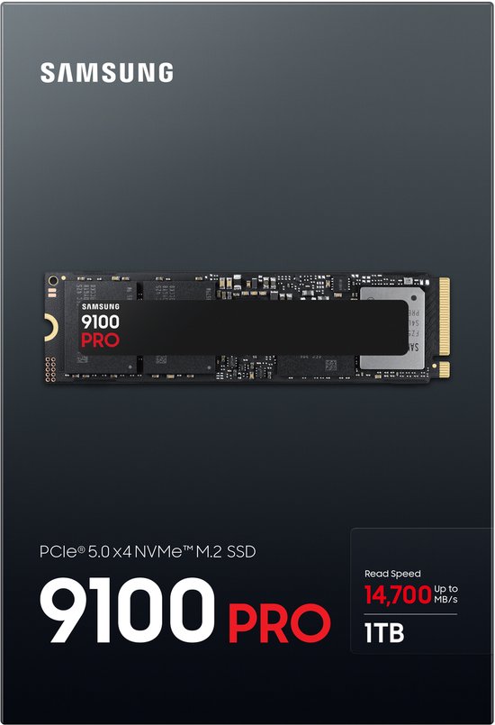 Samsung 9100 PRO 1TB M.2 PCIe 5.0 NVMe SSD met leessnelheid tot 14.700 MB/s.