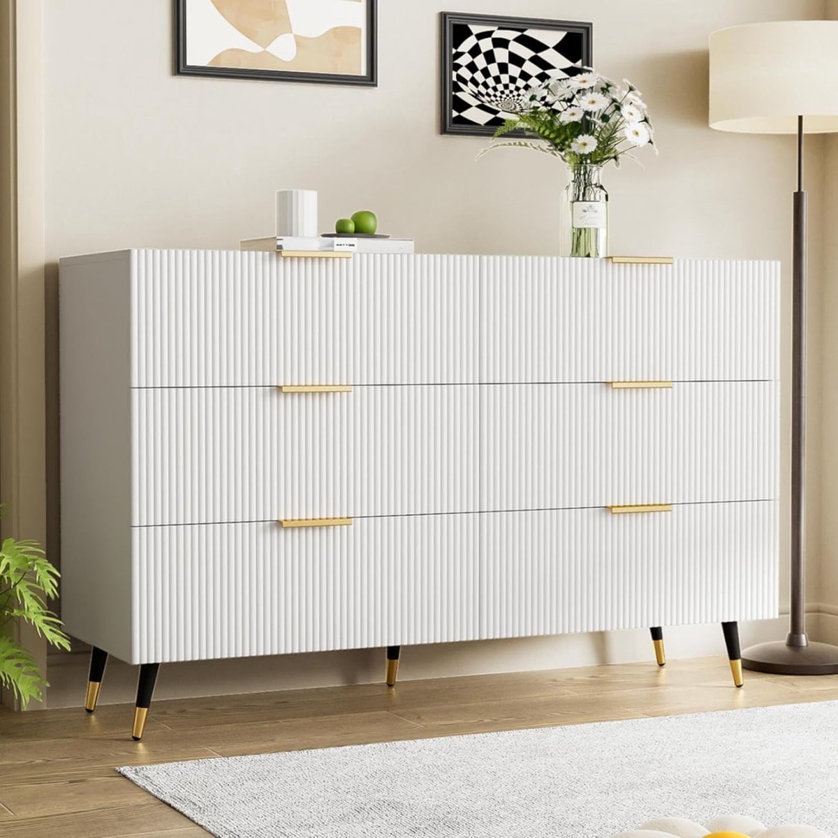 Elegance 6-Lade Ladekast met Gouden Handgrepen en Poten – Wit 120 x 40 x 77 cm Modern Dressoir Opbergkast