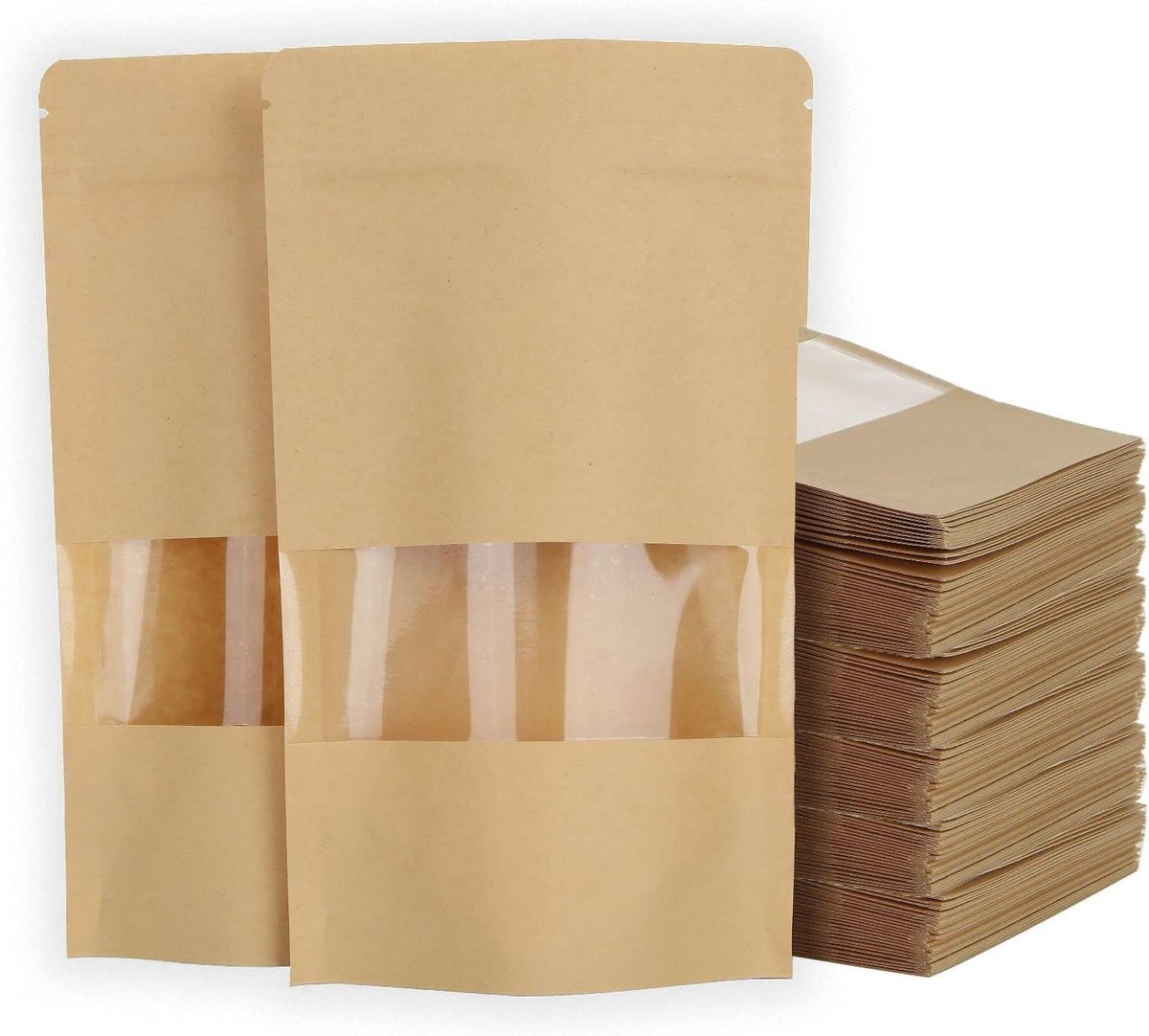 200 Stuks Kraftzakken met Venster 12 x 20 cm, Herbruikbare Waterdichte Zakjes voor Voedsel, Noten en Snacks